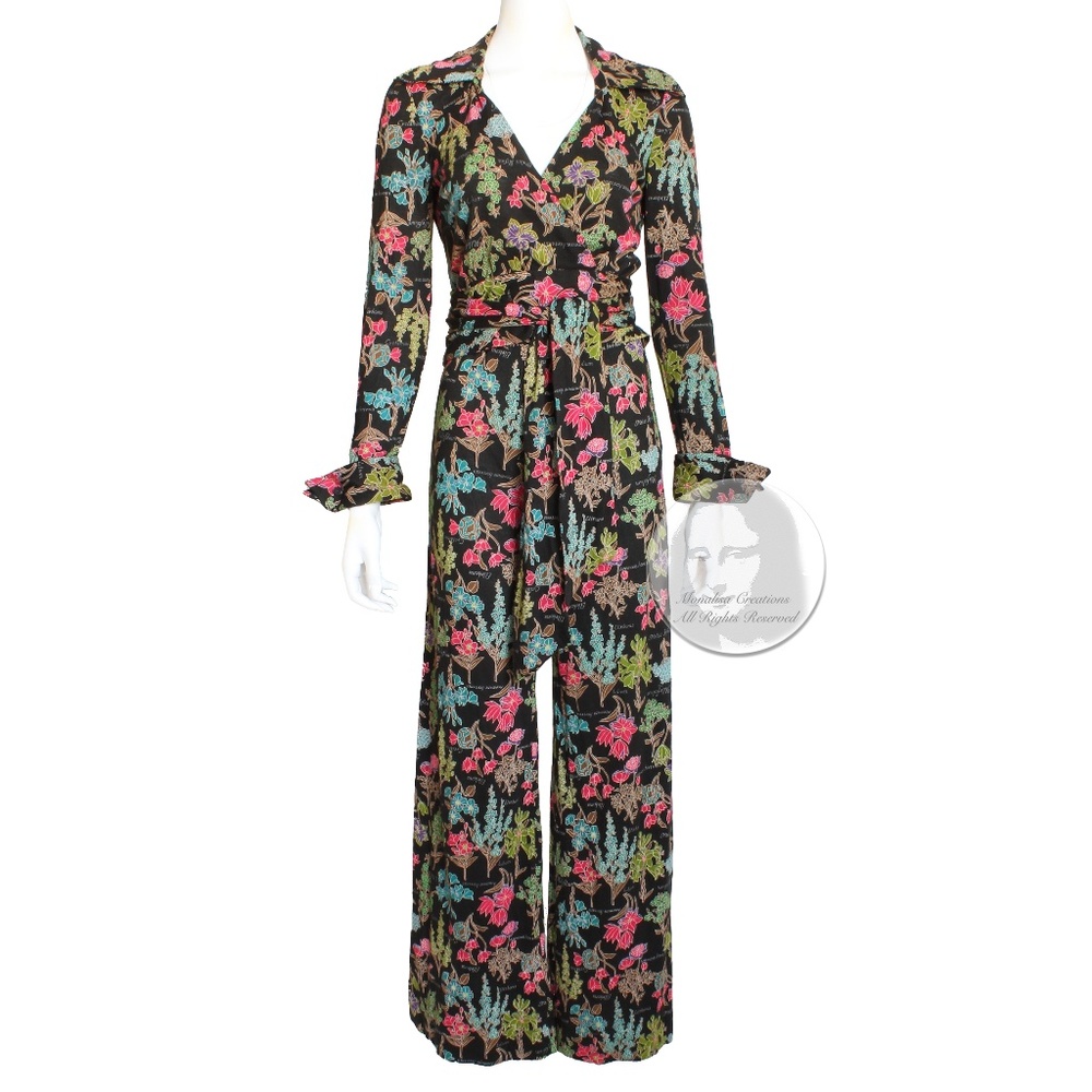 Diane Von Furstenberg Wrap Blouse & Pants 2pc Set Black Floral Print Vintage HTF